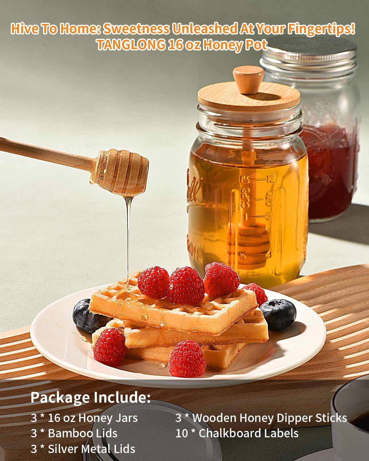 Honey Jar with Dipper and Lid, 16oz Pot Set of 3, Syrup Storage Jars Lids, Dispenser for Home Kitchen