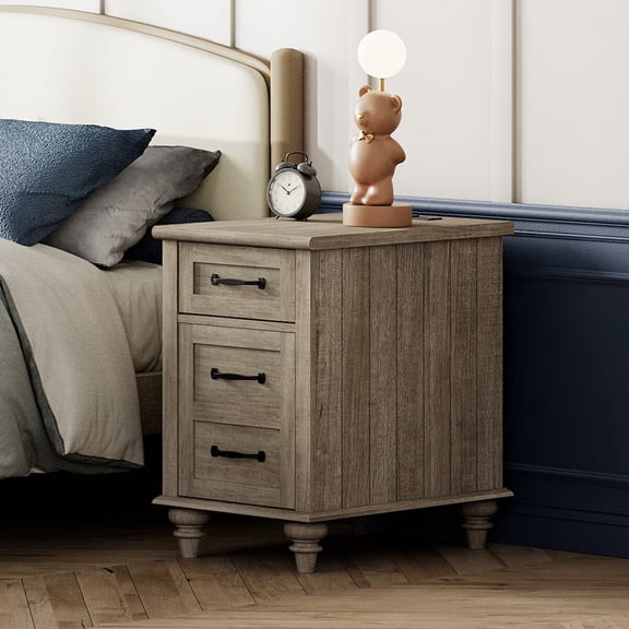 Grey Side Table with Drawer & Cabinet, Elegant End Table with Charging Station, Wooden Nightstand for Bedroom, Living Room