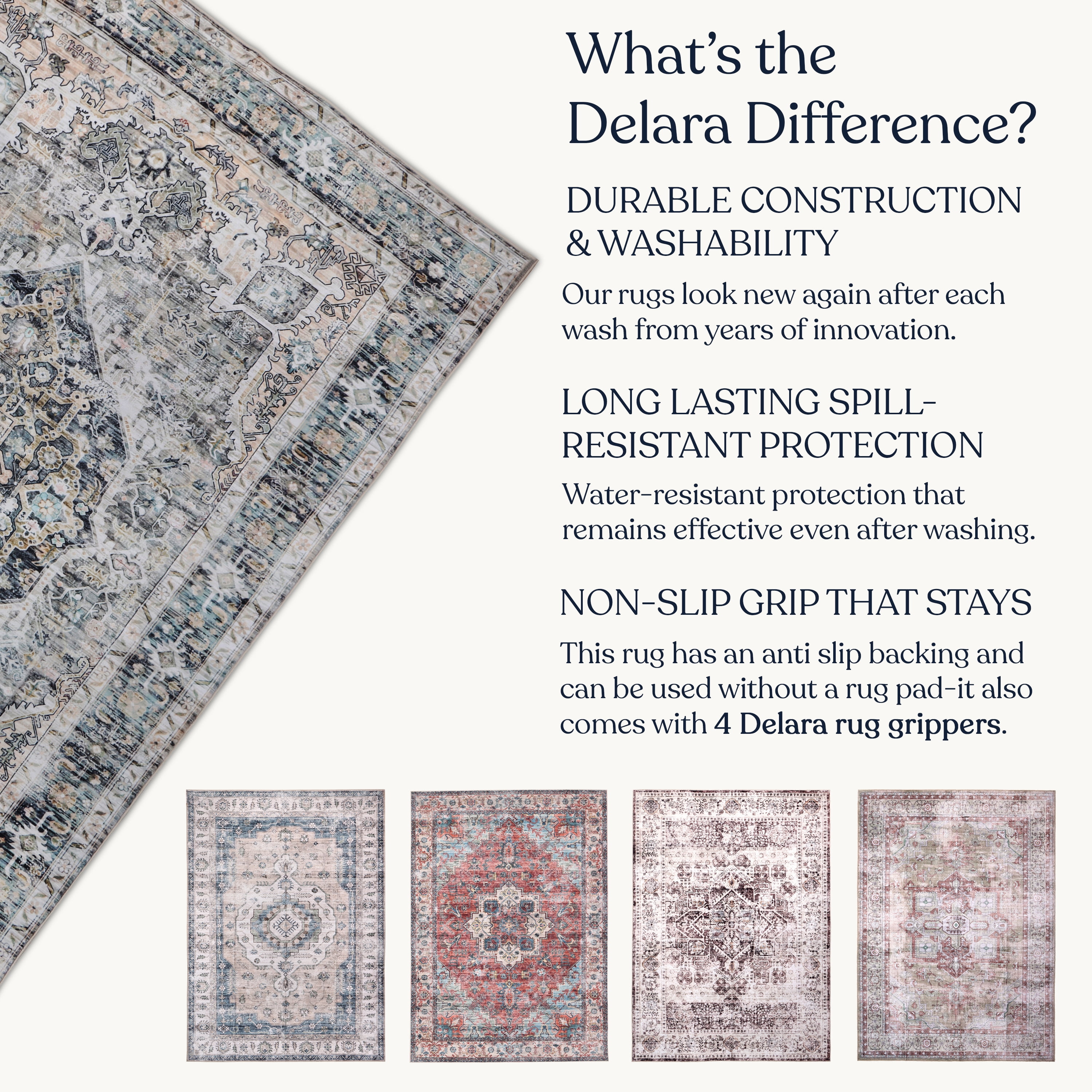 Delara 5'x7' Machine Washable Area Rug, Soft & Durable, Non-Slip, Stain Resistant, Antique Mist, for Bedroom, Living & Dining Room