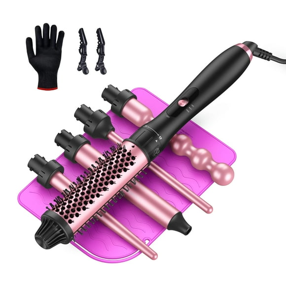 LANDOT Ensemble de Baguettes de Fer à Friser 5-en-1: Ensemble de Fer à Friser avec Brosse Thermique de Frisage 1-1/2 Po et 4 Baguettes de Frisage en Céramique Interchangeables (0,35 Po à 1,2