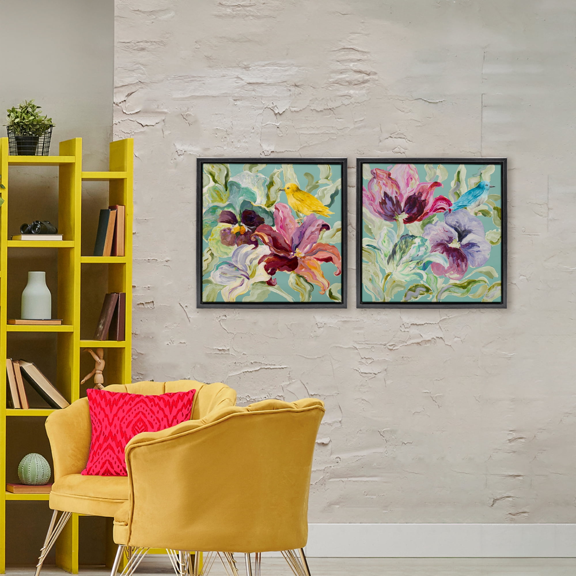 Stupell Industries Lyrical Garden Canaries 2 Piece Black Framed Floater Canvas Set, design by Lanie Loreth
