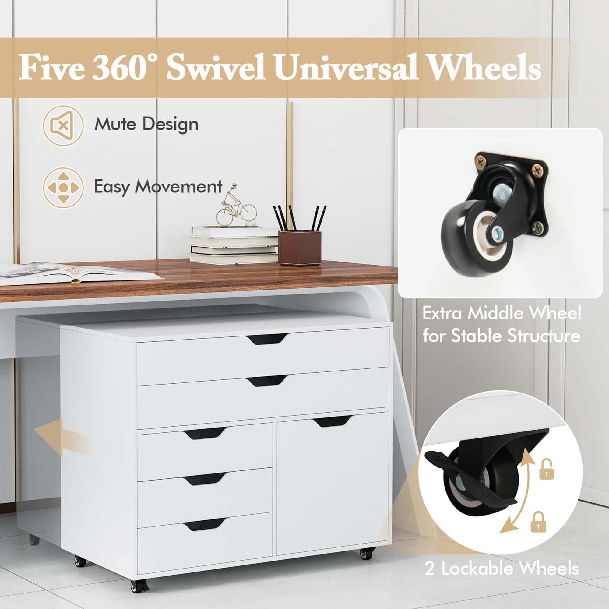 Costway 5-Drawer File Cabinet Mobile Chest of Drawers with Side Cabinet 5 Casters
