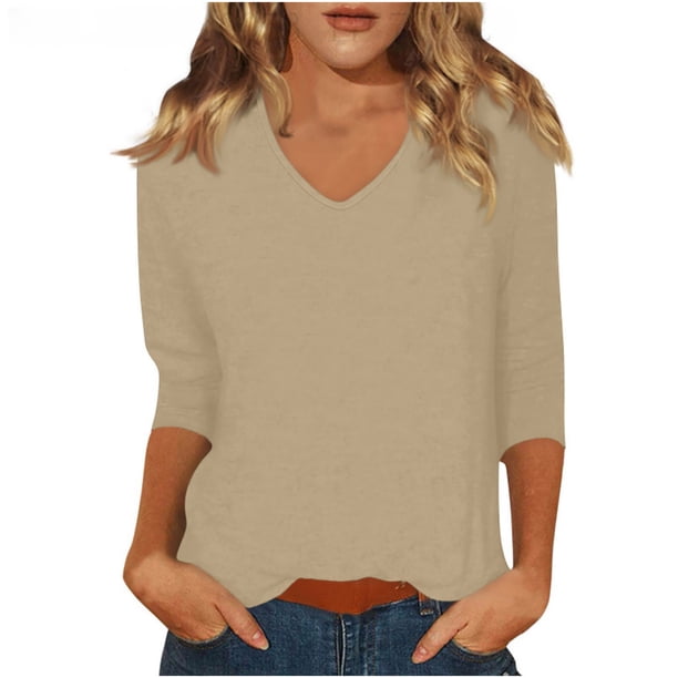 mfyjkho Tops De Moda Para Mujer, Top/Camiseta Informal Holgada De Color Liso Con Mangas Tres Cuartos Y Cuello Redondo Para Mujer Tops De Gimnasio Para Mujer M