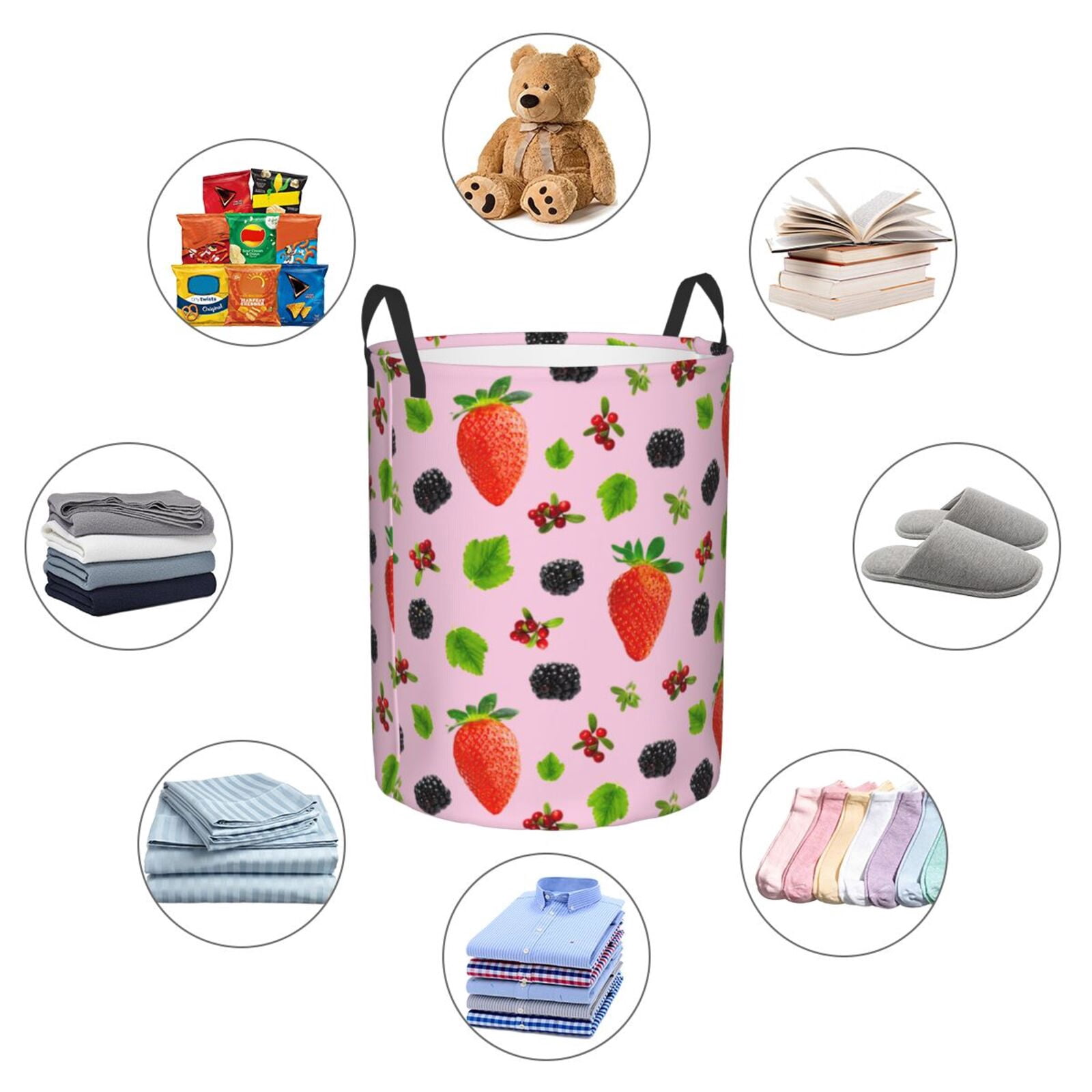 Large Laundry Basket with Handles - red Strawberry black Kids Baby Dirty Clothes Laundry Hamper for Bedroom Aesthetic