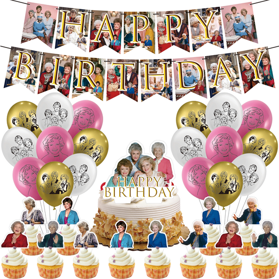 32 Pcs For The Golden Girls Cartoon-Themed Birthday Decorations and Party Favors Set – Includes Banner, Cake Topper, 12 Cupcake Toppers, and 18 Balloons for Celebration Events