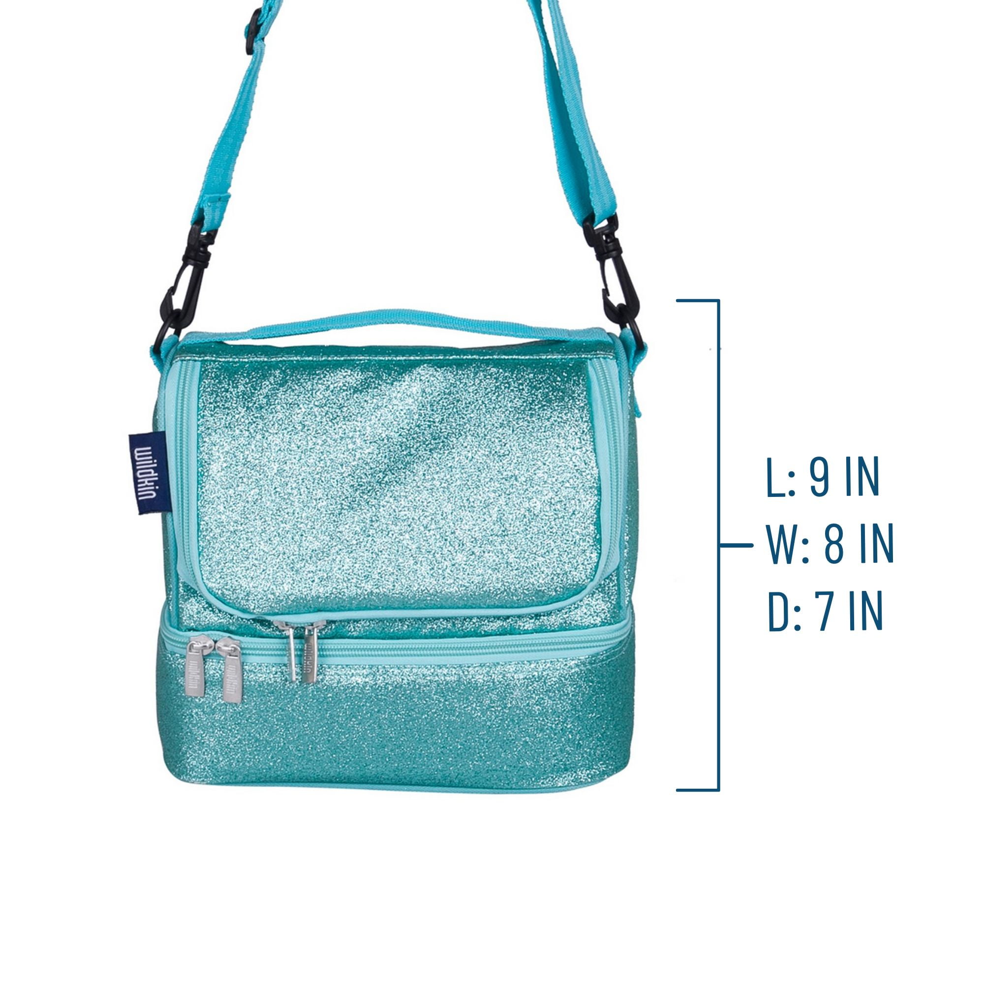 Wildkin Two Compartment Insulated Reusable Kids Lunch Bag for Boys & Girls, BPA Free, Includes Shoulder Strap (Blue Glitter)