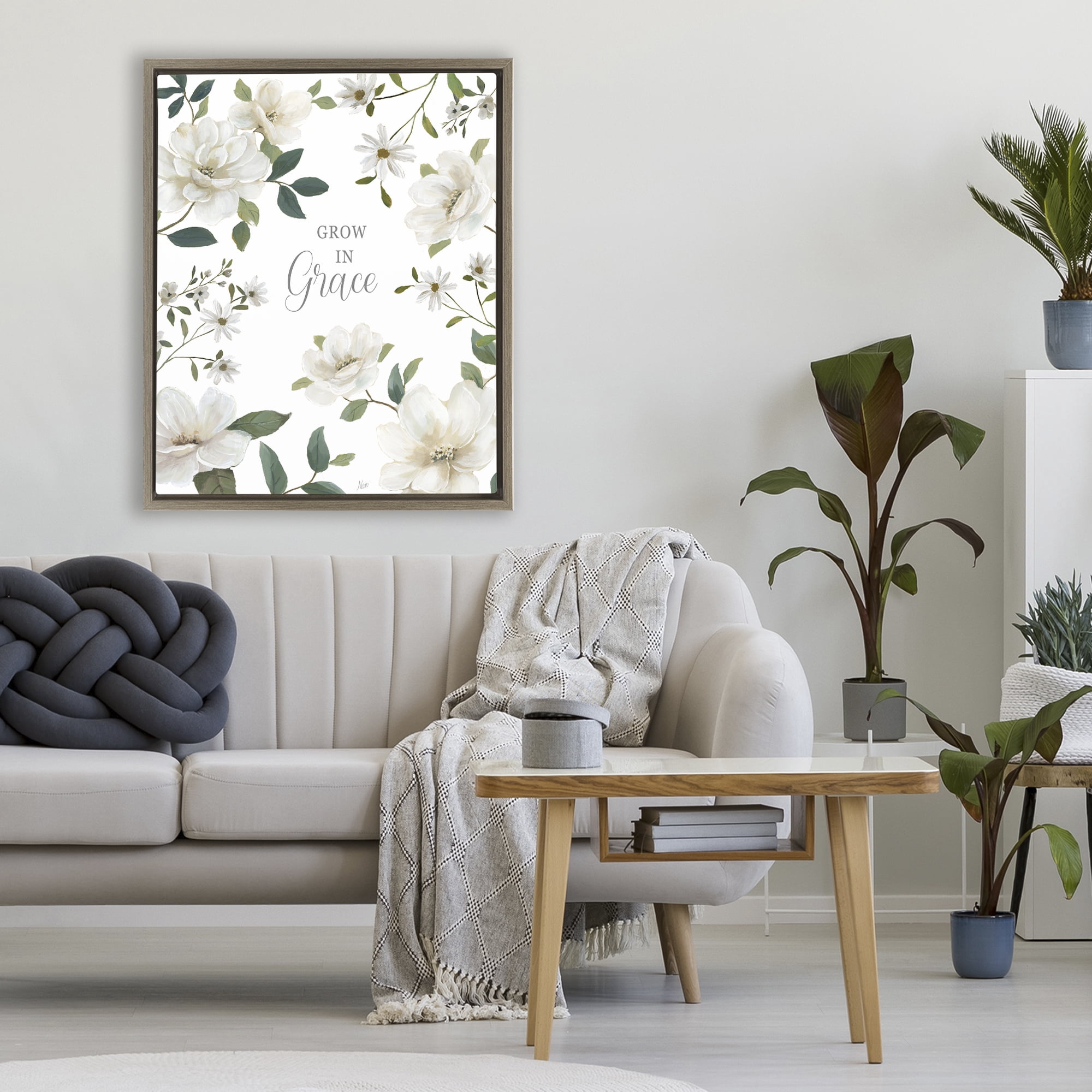 Stupell Industries Floral Grow In Grace Brown Framed Floater Canvas Wall Art, design by Nan