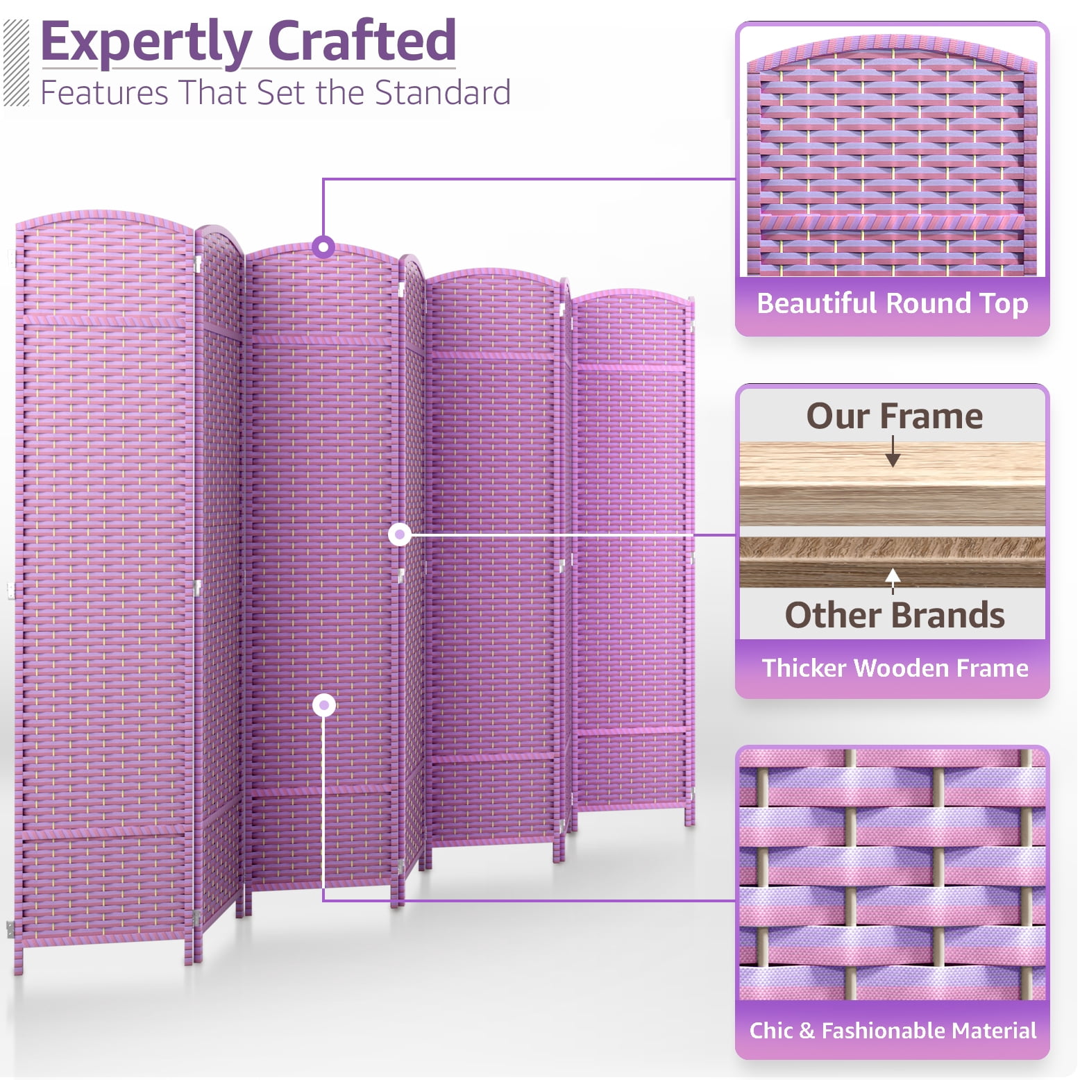 Sorbus 8-Panel Extra-Wide Folding Room Divider Privacy Screen, Hand-Woven Purple Mesh