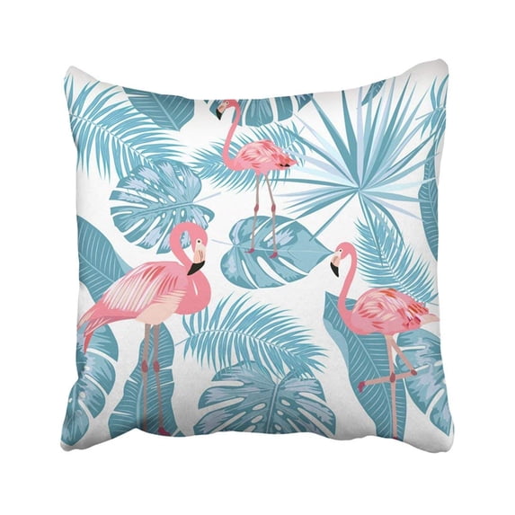 ARTJIA Blue Aloha Of Flamingo Leaves Monstera Tropical Palm Tree Colorful Beach Bird Botanical Pillowcase Throw Pillow Cover 16x16 inches