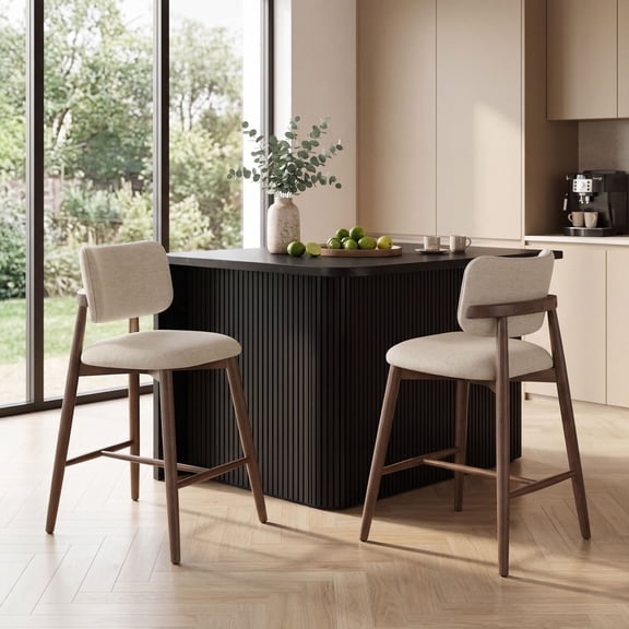 FFZ Modern Counter Stool Set of 2 with Rubberwood Frame and Padded Backrest, 22.83 x 22.24 x 36.8 inch, Beige
