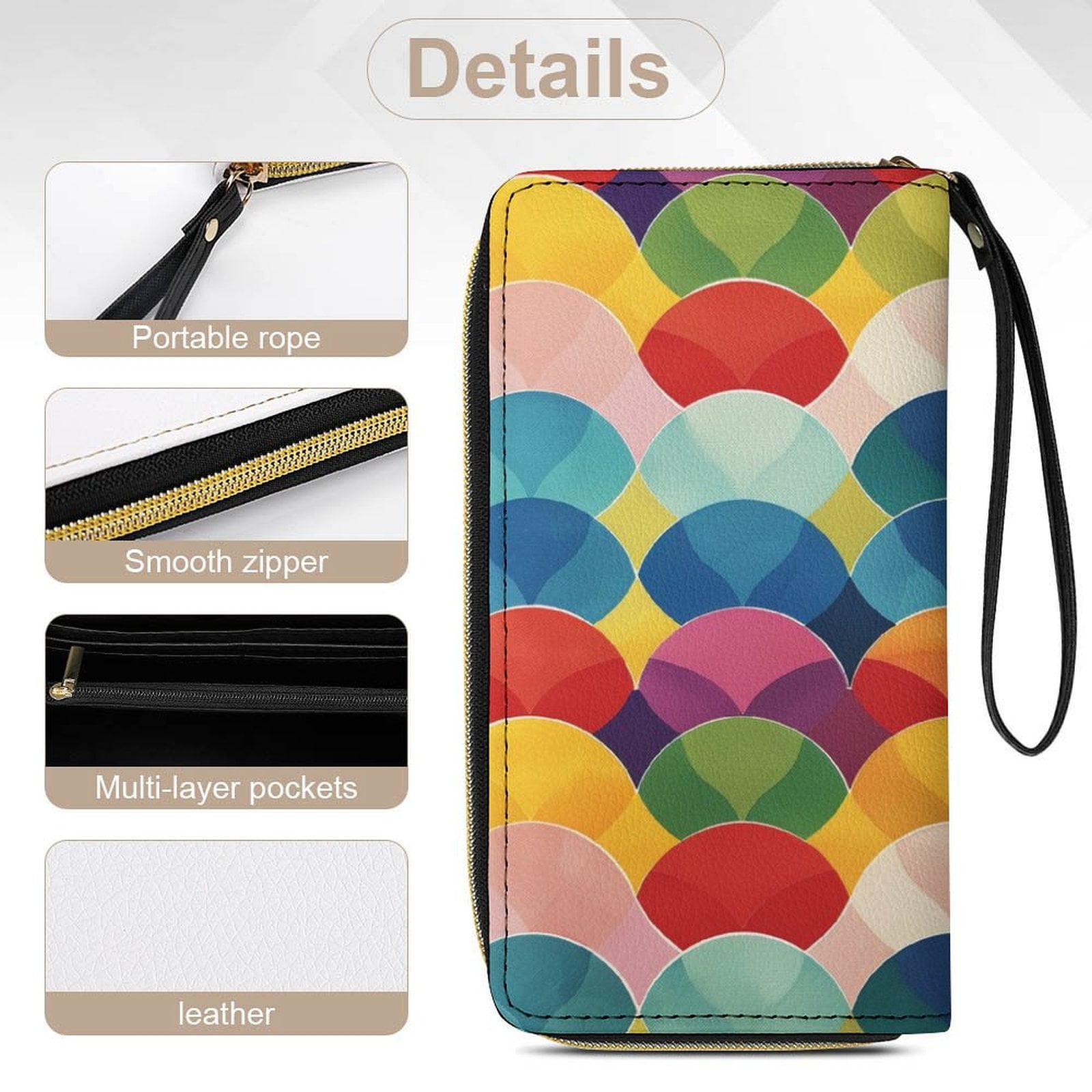 Womens Wallet Bifold Ladies Cluth Bag Wristlet Wrist Strap Long Purse Colorful Waves Vibrant Dynamic Design