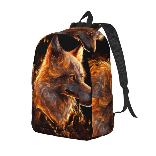 Easygdp Gold Flame Pattern Wolf Mochila de Lona Resistente para Laptop, Compatible con Laptops de 15 a 17 pulgadas, Ideal para Escuela, Trabajo y Viajes-Medium