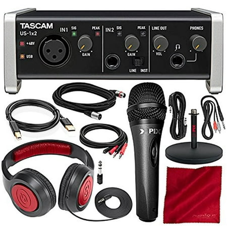Tascam US-1X2 1 In 2 out USB Audio & MIDI Interface with HDDA Mic Preamps and iOS Compatibility with Xpix Mic and Headphones