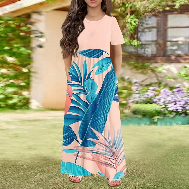 YOUYEDIAN Hawaiian Light Blue Dresses for Girls Palm Tree Print Crewneck T Shirt  Dress Patchwork Dress Girl Short Sleeve Beach Dresses 2025 Summer Cute  Dresses with Pockets,Light Blue 4-5 Years - Walmart.com
