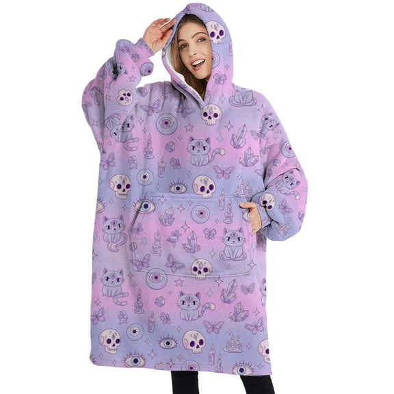 Oversized Wearable Blanket Hoodie,Pink Purple Cat Eye Skull Butterfly Pattern Sherpa Blanket Hoodie with Super Pockets,Super Warm Fuzzy Pullover for Women & Men