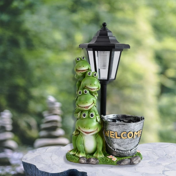 Estatua de cubo de ranas para jardín, luz solar, decoración para exteriores, adorno decorativo creativo, figura de animal, lámpara para césped, patio