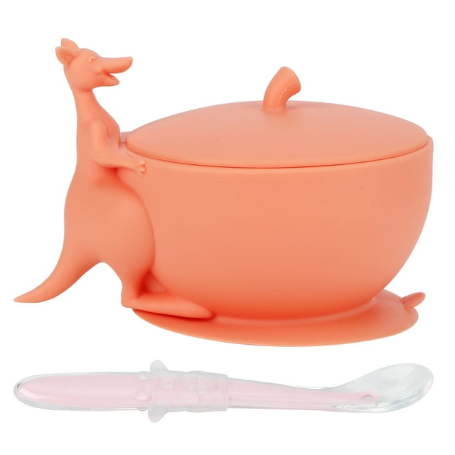 XYCCA Cute Silicone Baby Feeding Bowl Spoon Set with Suction Base Non Slip Tableware for Infant(Coral Red )-082203