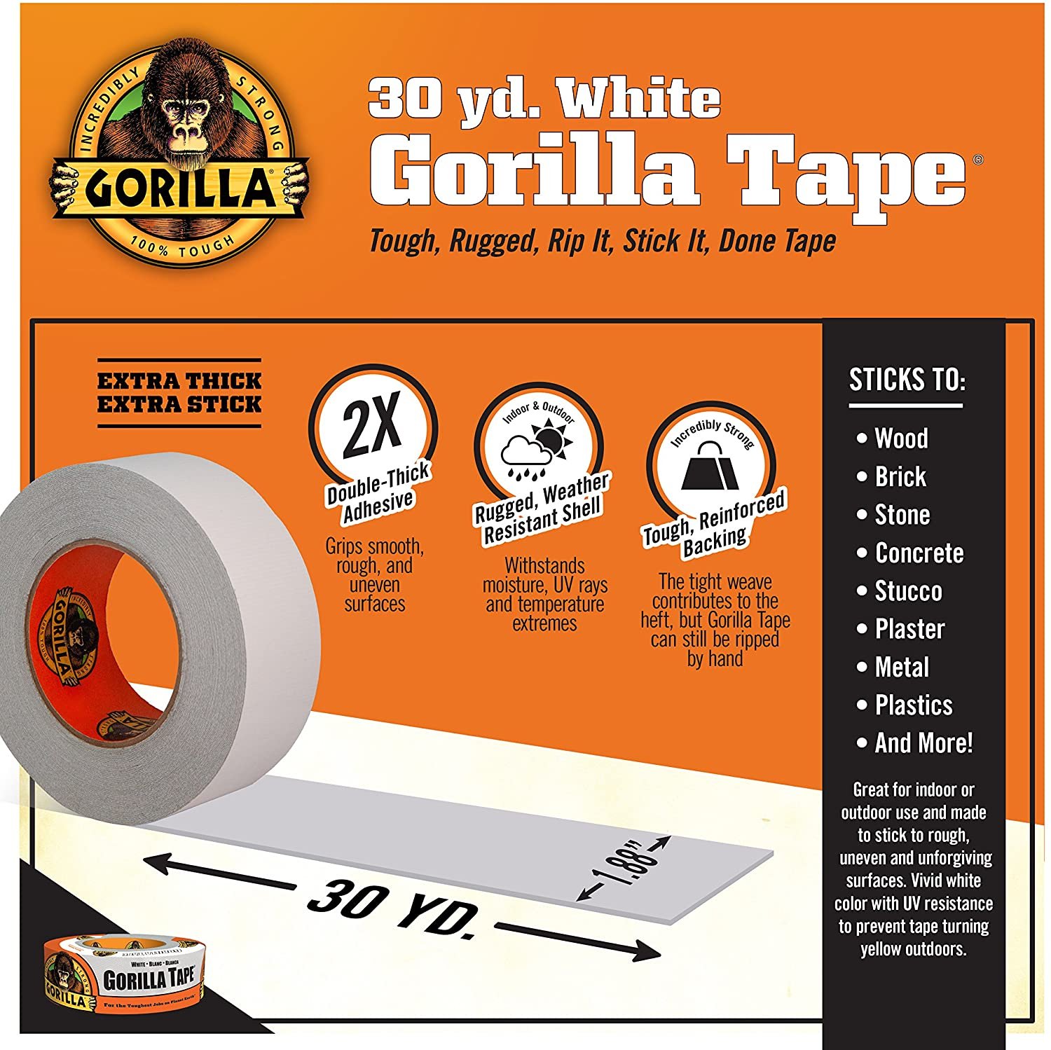 Gorilla 6025001-3 Duct Tape, 1.88" x 30 yd, White, Pack of 3, 3-Pack, 3 Piece