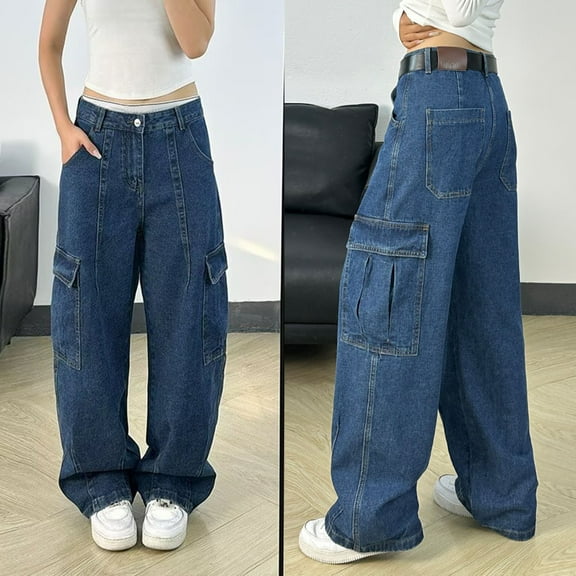 MHFRRA Stylish Women's Jeans Trousers Casual High Waist Loose Cargo Pants with Pockets