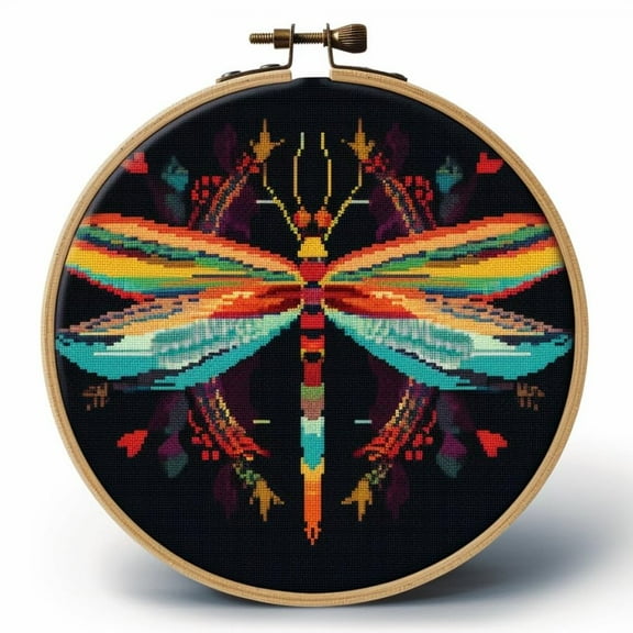 Stamped Cross Stitch Kits with Hoop for Starter Kits Vibrant Color Dragonfly DIY 11CT Pre-printed Patterns Needlepoint Embroidery Needlework Kit for Home Decor 38x38cm (108)