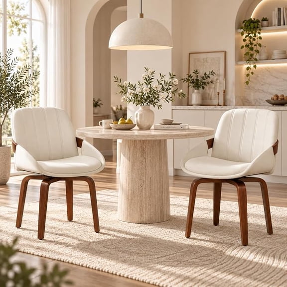 Fahomiss Swivel Dining Chair Set of 2 - Modern Kitchen PU Leather Chairs with Bentwood Legs & Arms, 360° Swivel Dining Seatings for Dining, Restaurants, White Finish