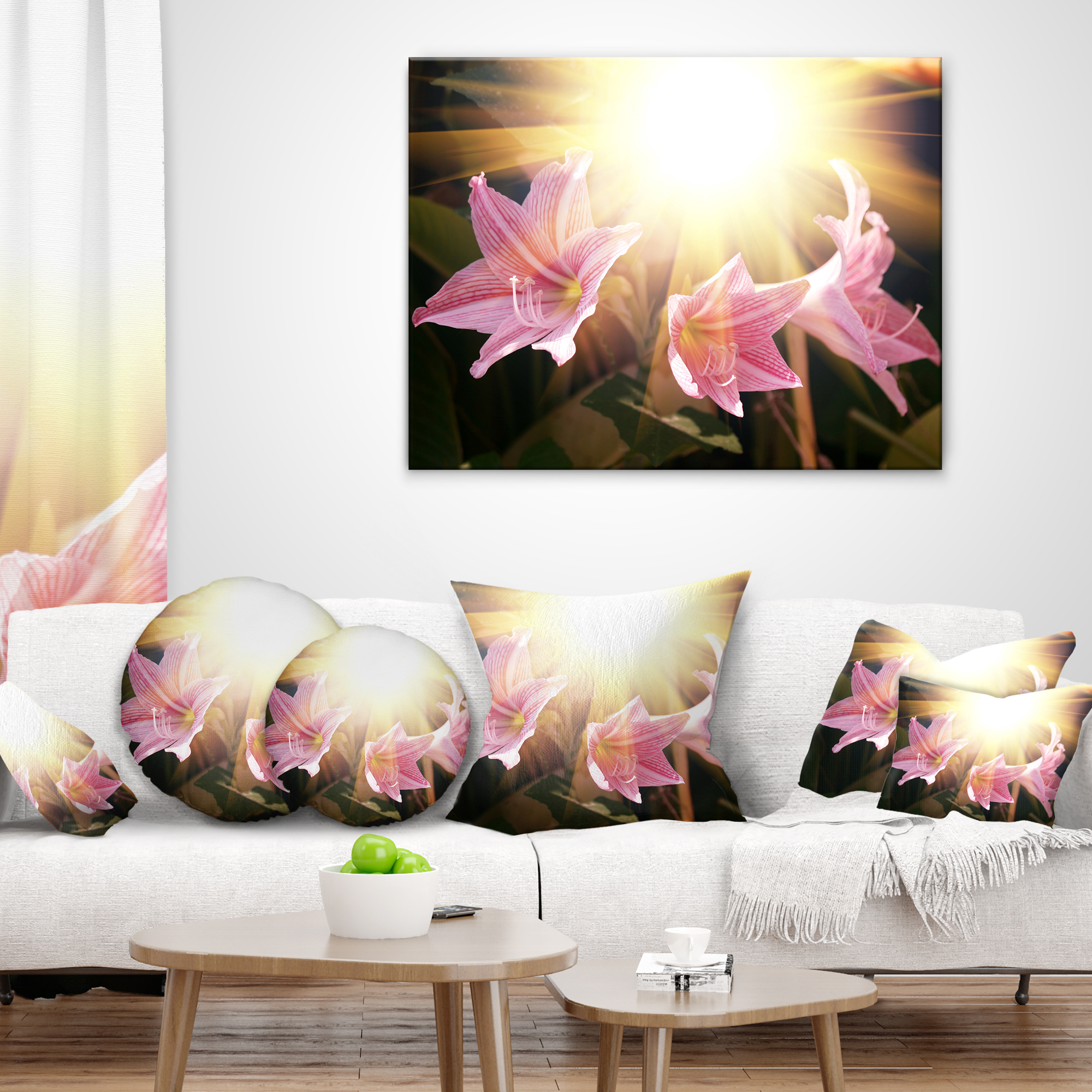 Designart Large Pink Flowers with Sunlight - Flower Throw Pillow - 16x16