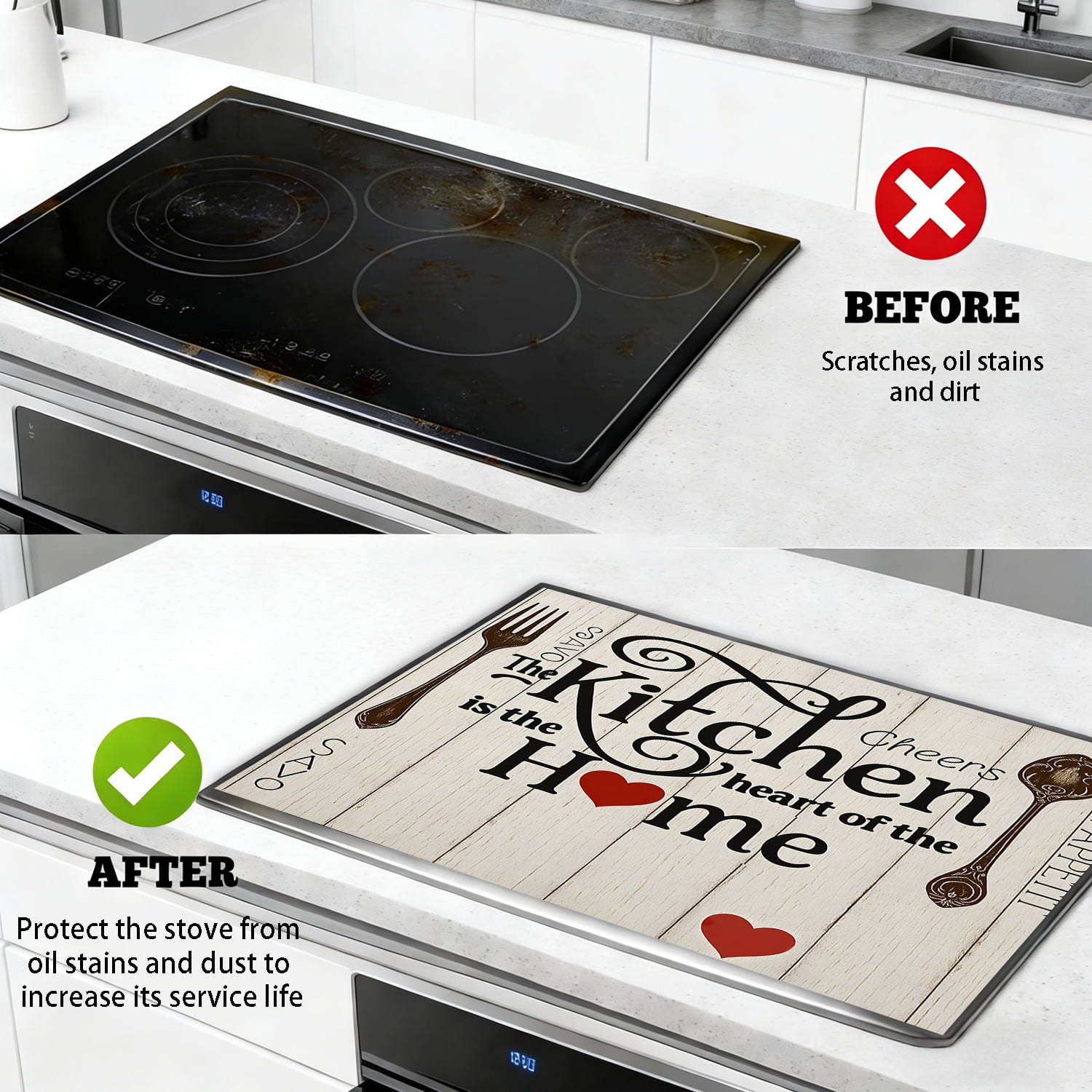 Stove Top Cover for Electric Stove, 28" x 20" Heat Resistant Glass Cooktop Protector Mat, Expands Counter Space, Multi-Purpose Countertop & Stove Cover, Farmhouse “Kitchen is the Heart of the Home” D