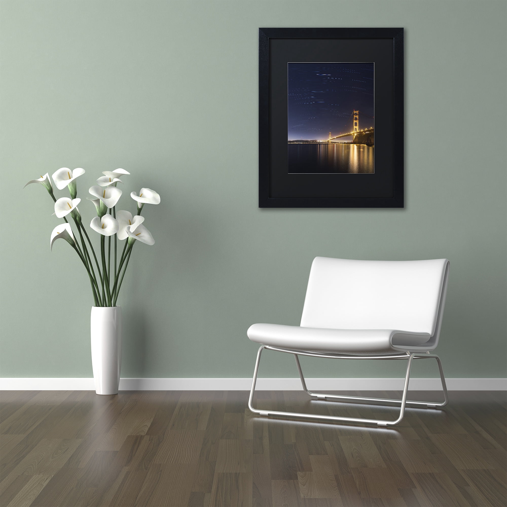 Trademark Fine Art "Golden Gate and Stars" Canvas Art by Moises Levy Black Matte, Black Frame