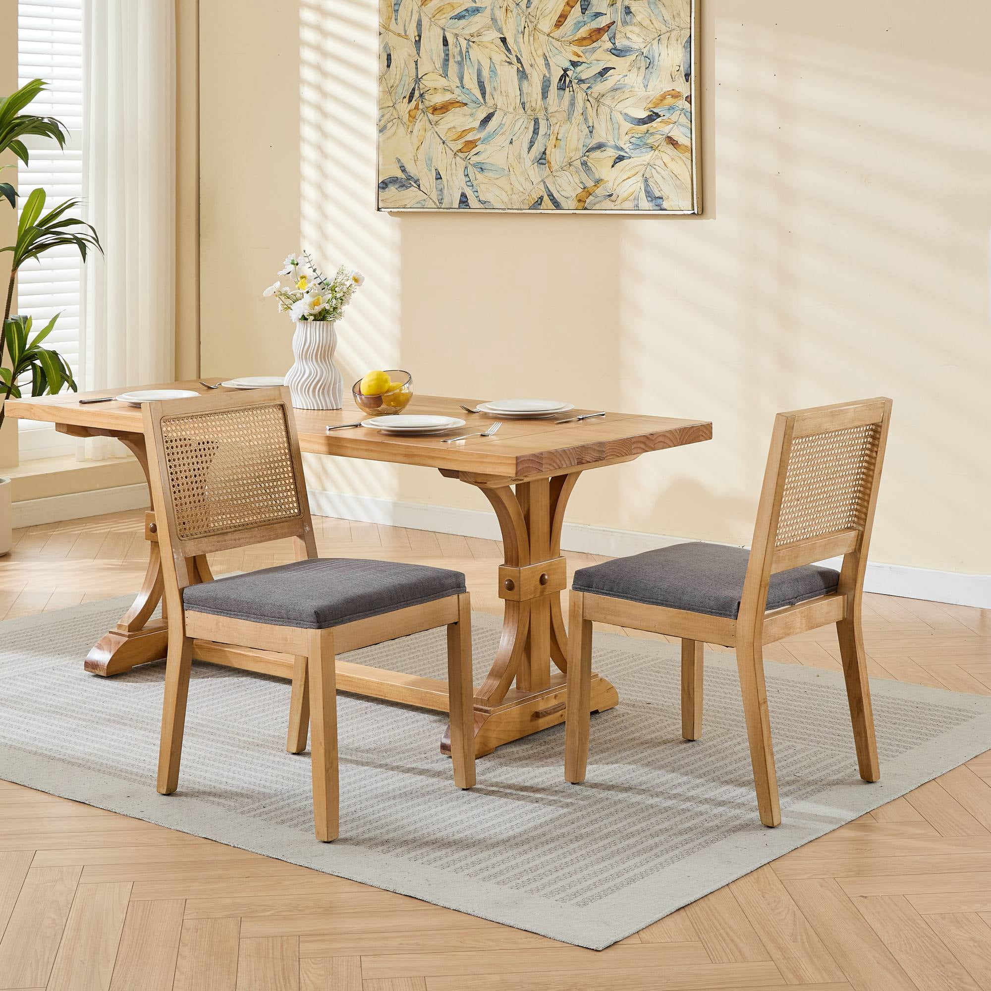 MAYEERTY Farmhouse Rattan Dining Chairs - Mid-Century Modern, Cane Upholstery, Natural Hardwood Frame, Gray, Set of 2