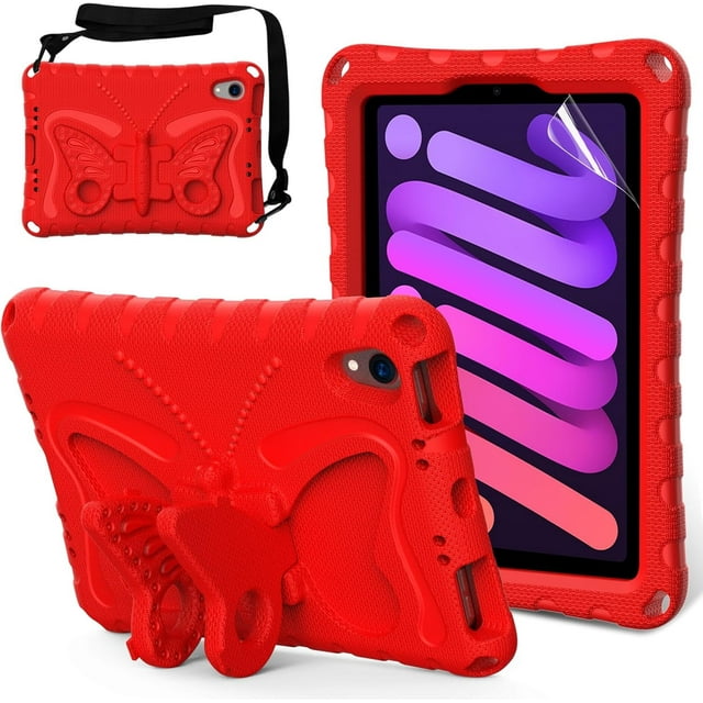 KOMI Kids Case for iPad Mini 6th Generation 2021 8.3-inch - Screen Protector Included - Butterfly Kickstand - Child Friendly EVA Foam Shockproof Cover Case with Shoulder Strap, Red