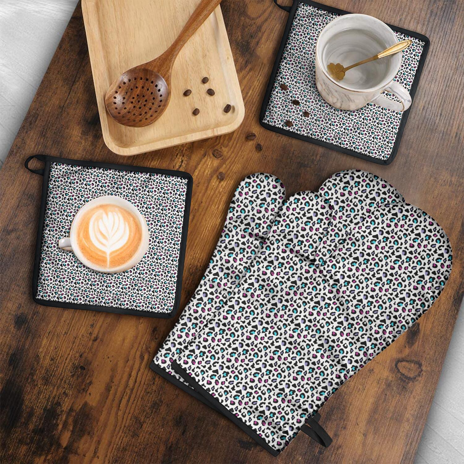 Leopard Print Oven Mitts and Pot Holders Set Of 4, Heat Resistant Kitchen Gloves with Non-Slip Grip, Hanging Loop, Soft Cotton Lining for Baking, Cooking, Grilling, Barbecue