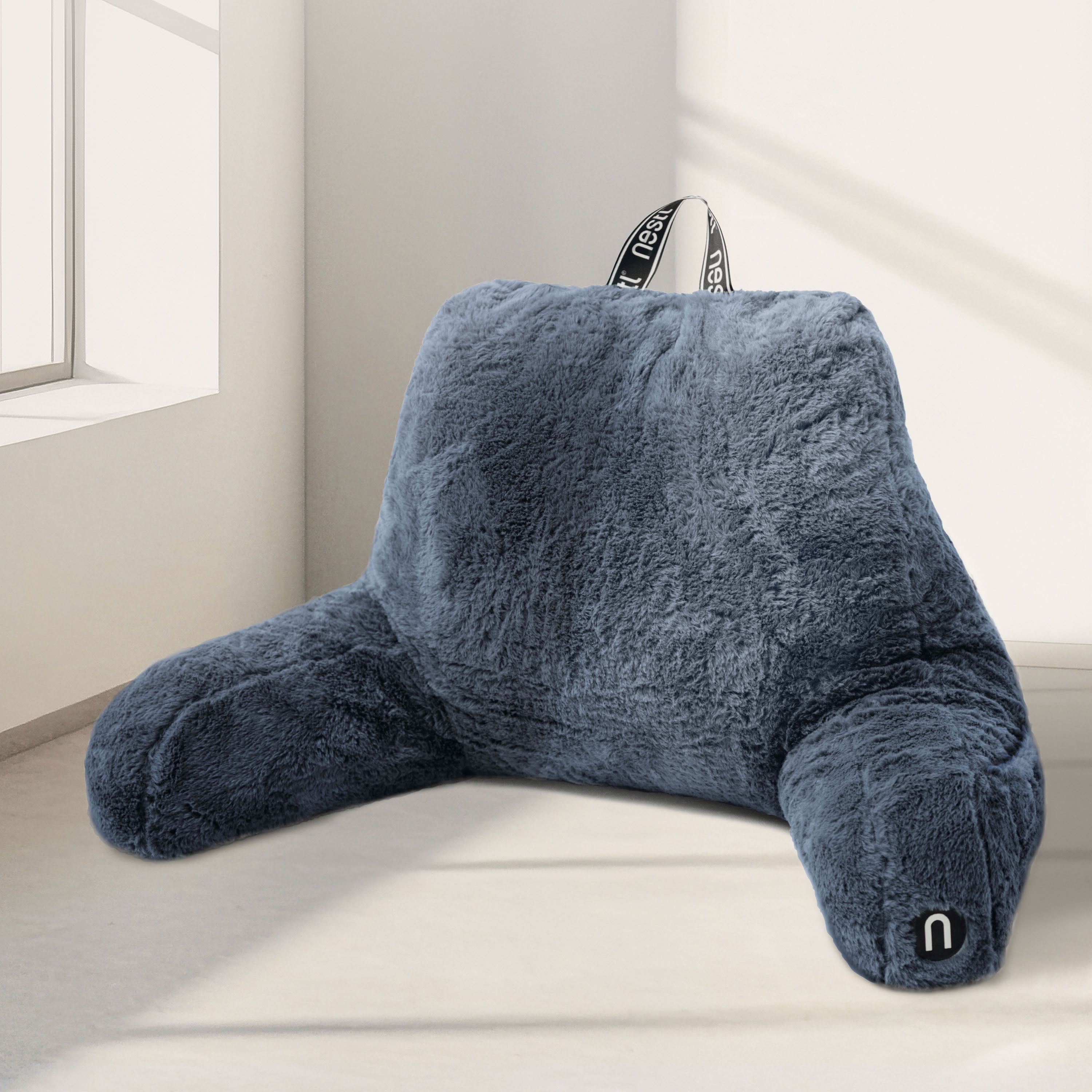Nestl Fur Reading Pillow with Lap Desk, Stylish Arm Rest Pillow, Lap Desk with Backrest Pillow for Sitting in Bed, Faux Fur, Navy