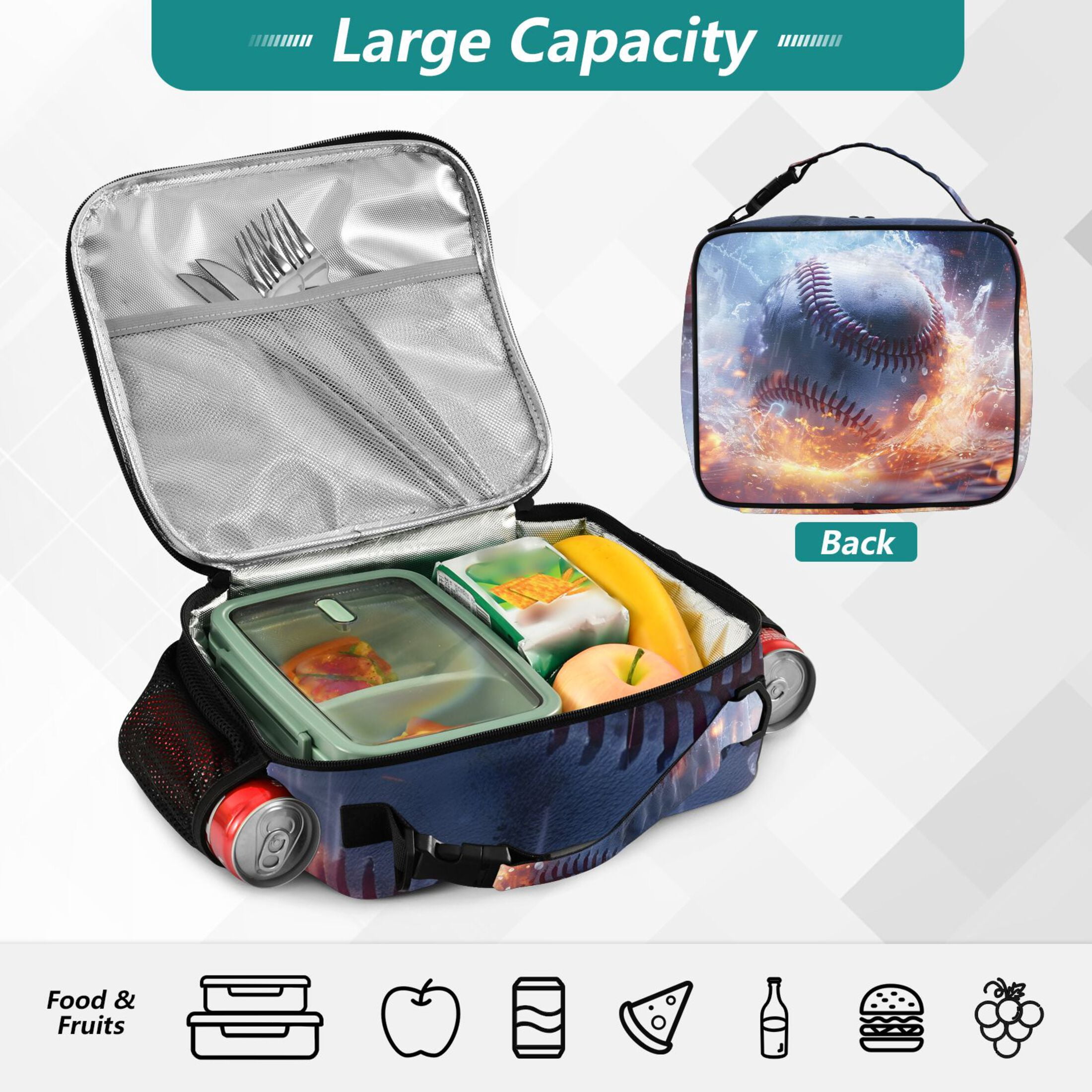 ALAZA Baseball on Fire Lunch Box Insulated Lunch Bag Cooler Tote with Shoulder Strap