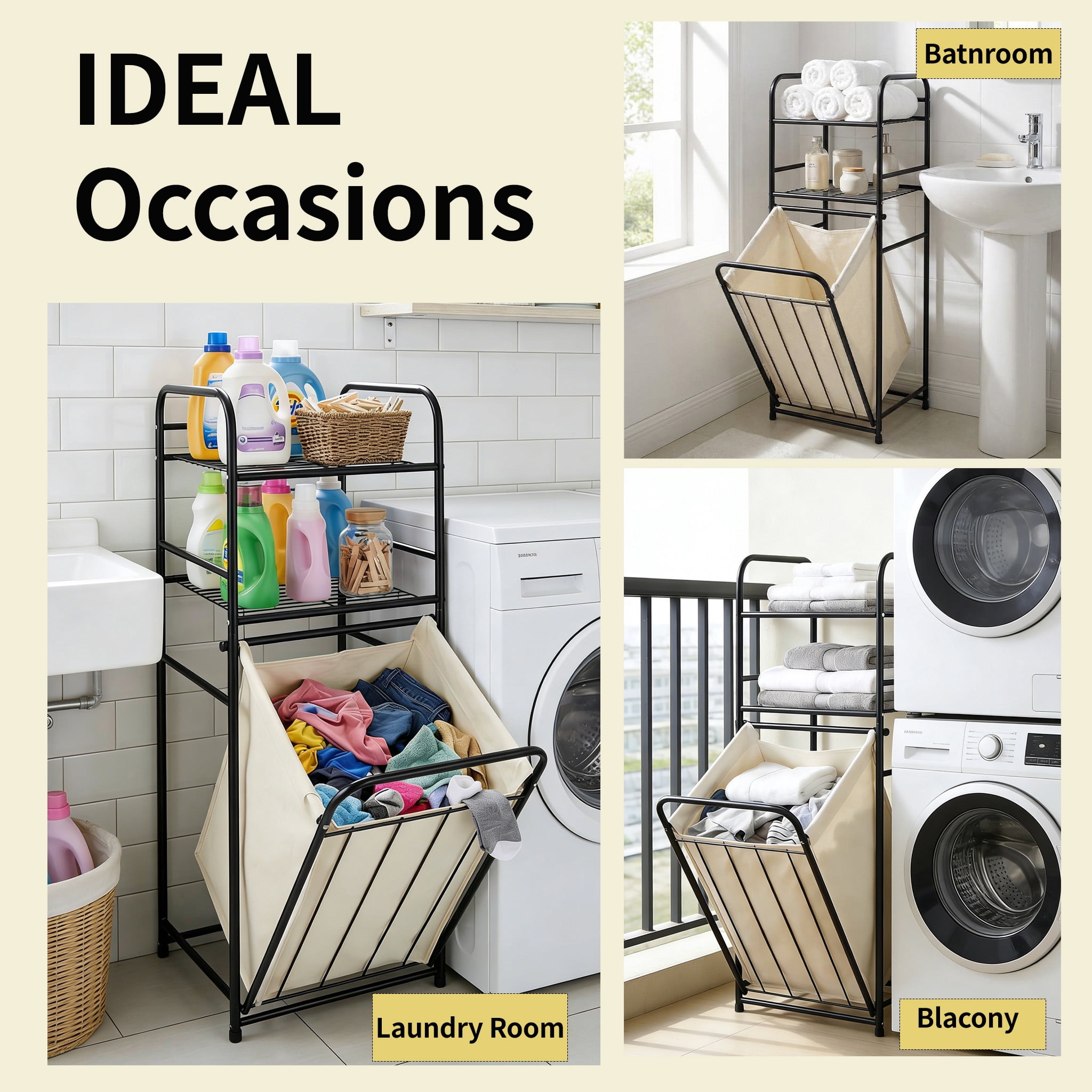 Takira Laundry Organize Basket Rack with Tilting Belt and Removable Bag,Featuring 2-Tier Shelving,Home