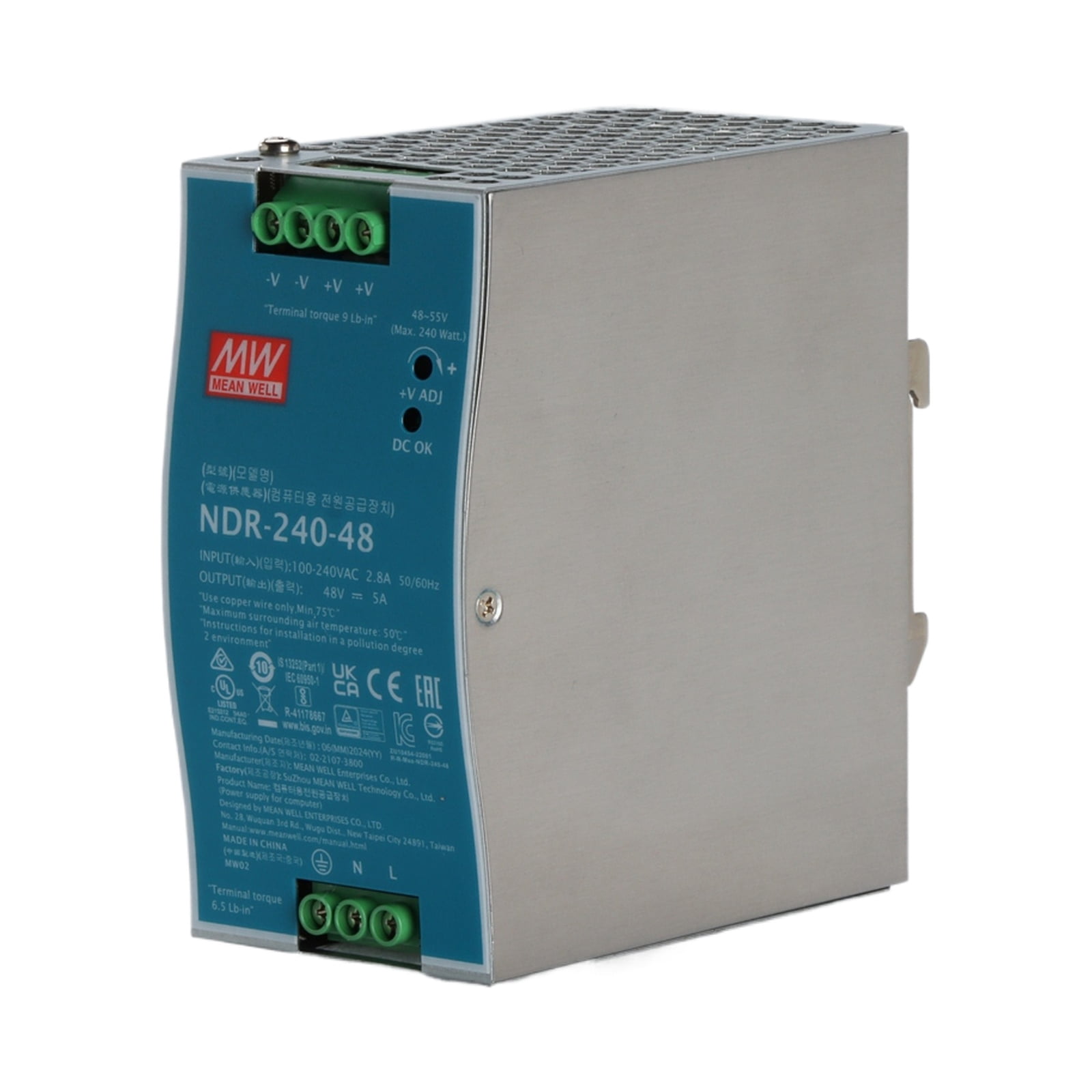 Feedannce 48V 5A 240W Switching Power Supply, Industrial, DIN Rail, MEAN WELL NDR-240-48