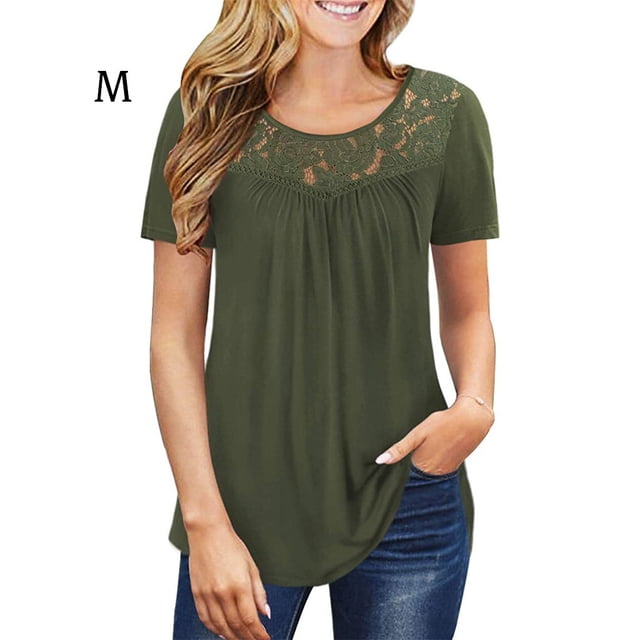 T-shirt Femme Tunique Plissée Col Rond T-shirt Court Fille Manches Courtes Blouse en Dentelle, Vert Armée, m