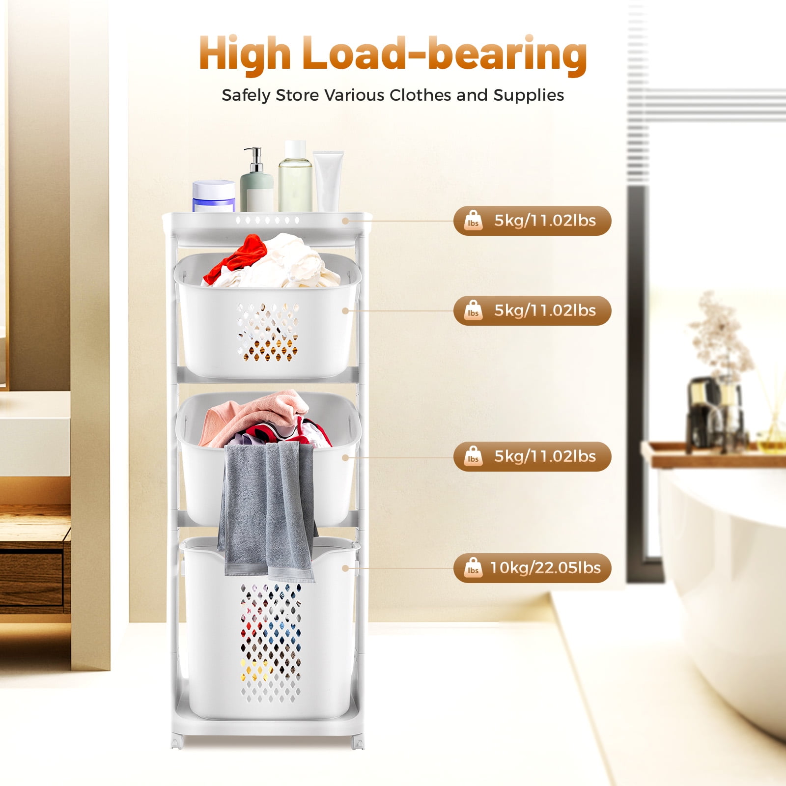 3 Tiers Laundry Basket with Wheels, Laundry Sorter Hamper, Rolling Organizer Shelf Cart for Dirty Clothes