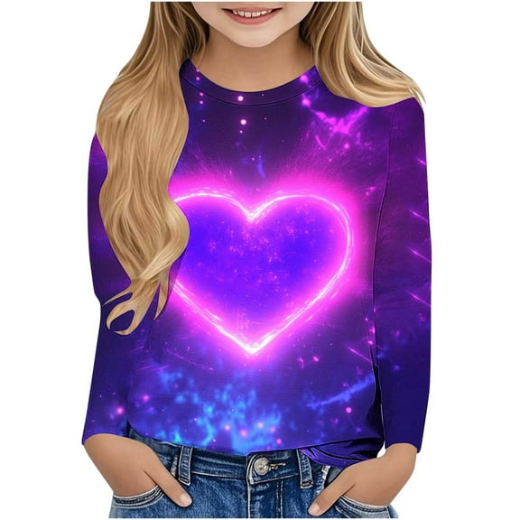Girls Heart Long Sleeve T Shirts Colorful Cute Graphic Tees Round Neck Pullover 2025 Trendy Tops 3-14y Dark Purple， 5 Years