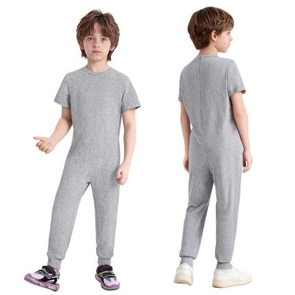 Aislor Adaptive Clothing for Special Needs Boys Short Sleeve Anti-Strip Jumpsuit Autism Sensory Long Leg Romper Grey 14