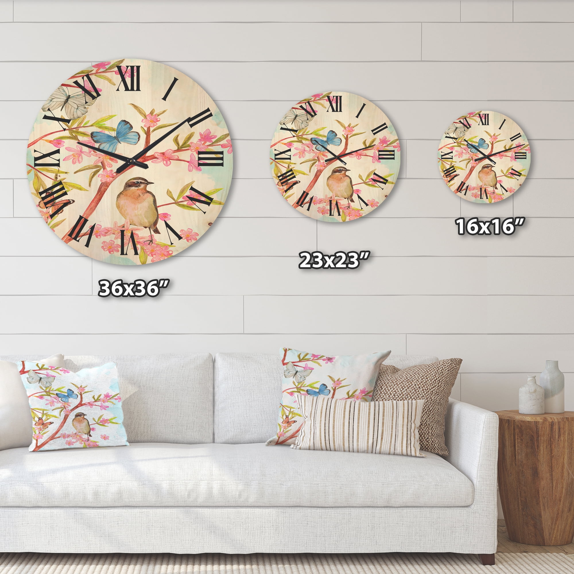 Designart 'Clever Bird Sitting On Branch of A Spring Tree With Butterflies' Traditional Wood Wall Clock