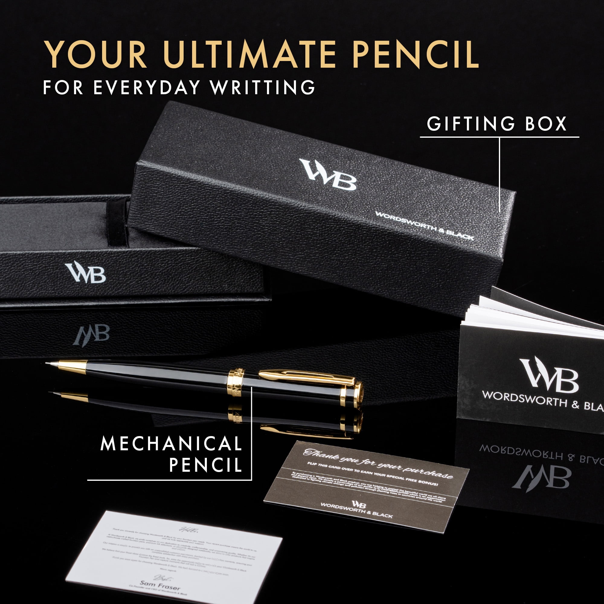 Wordsworth & Black Luxury Erudite Mechanical Pencil Set- Refillable Pencil, Gift Case; Journaling, Calligraphy, Drawing, Smooth Writing [Black Gold]