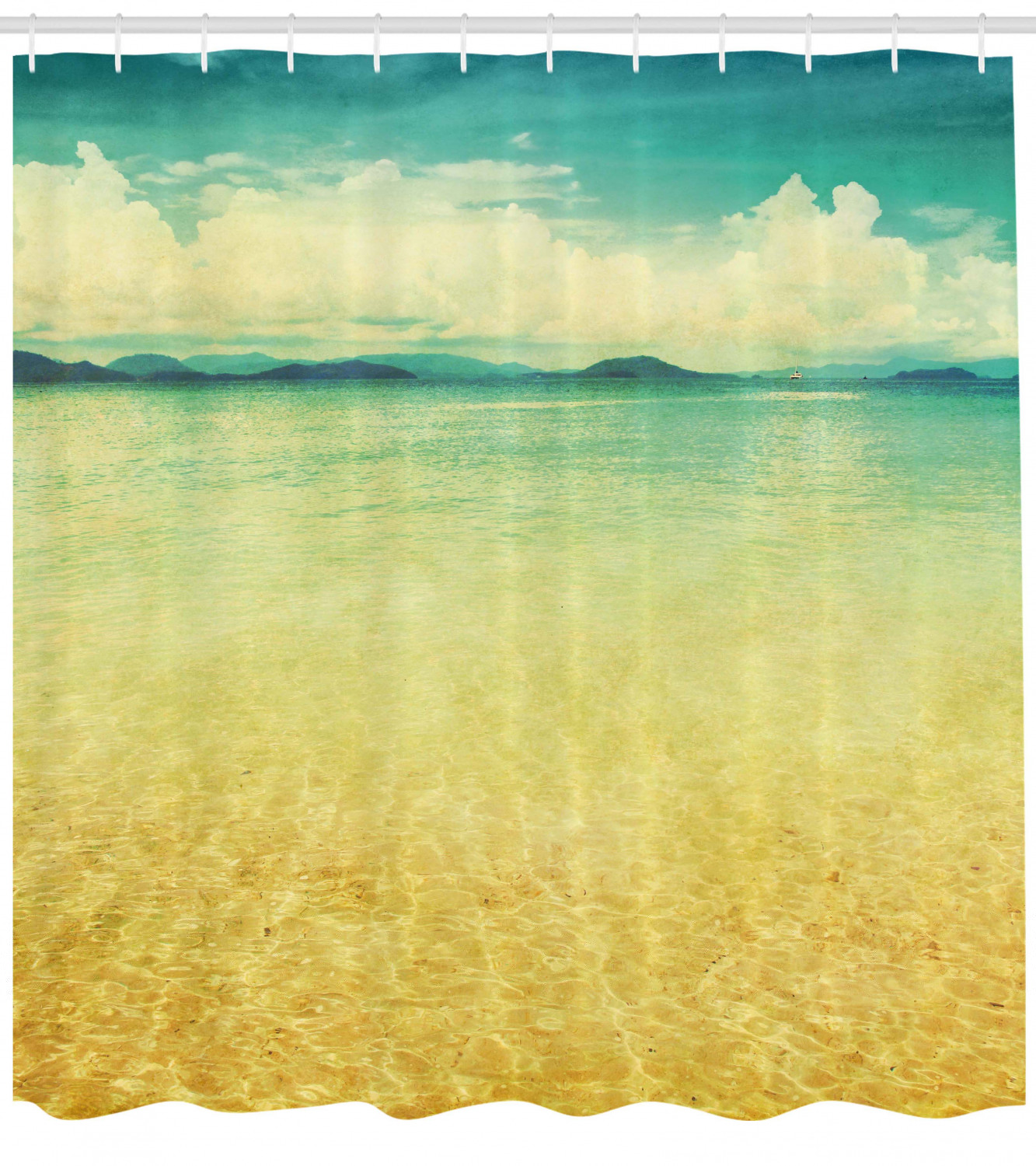 thumbnail image 3 of Ambesonne Beach Shower Curtain, Vintage Grunge Sea View, 69"Wx75"L, Earth Yellow Turquoise, 3 of 3
