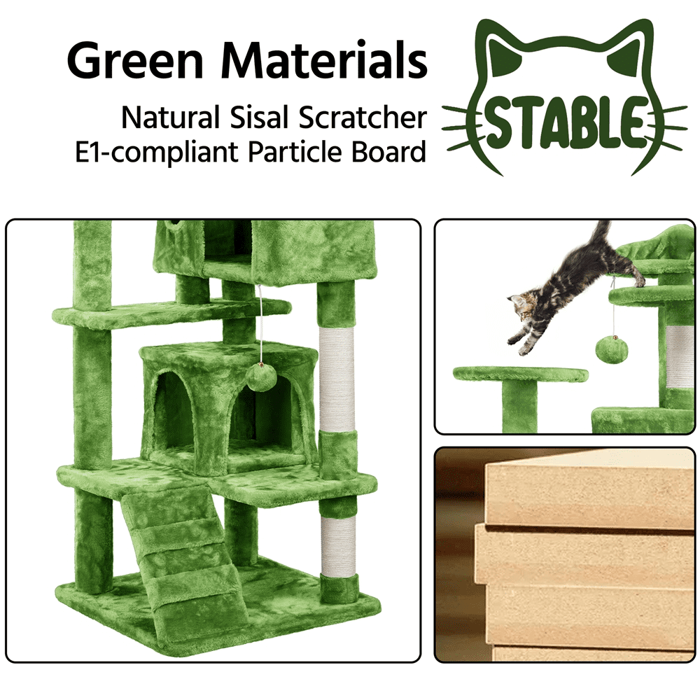 Alden Design Upholstered 6-Level 54" Cat Tree with 2 Condos, Green
