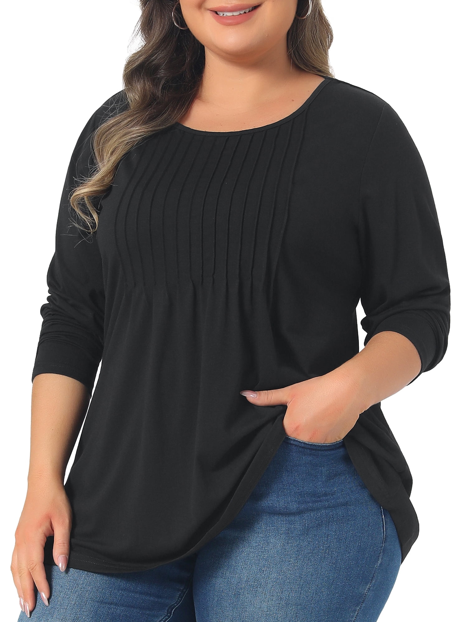 DARING DIVA Women's Plus Pleated Blouses Crew Neck Soft T-Shirt 4X Black