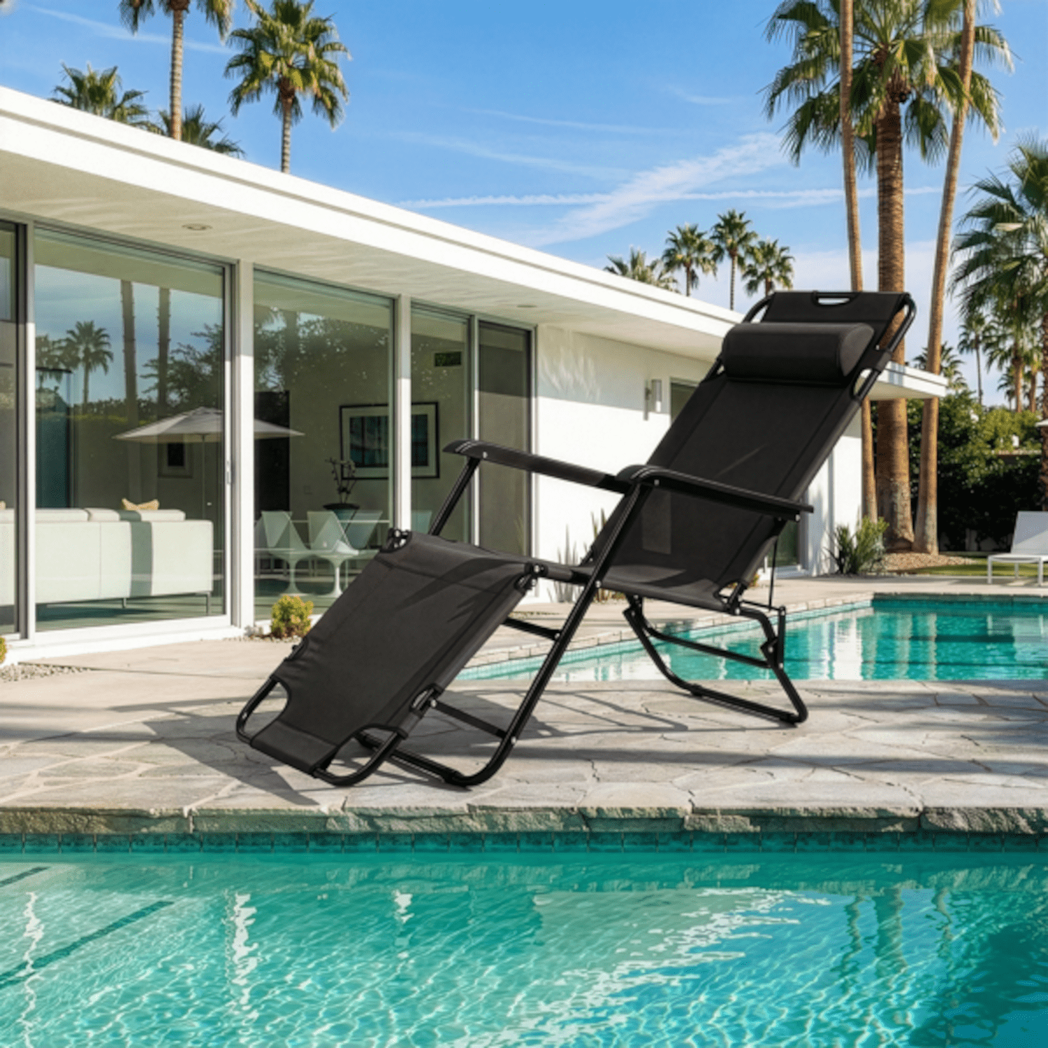 Alvantor 2-in-1 Folding Lounge Chair with Adjustable Recline, Pillow and Armrests, Black