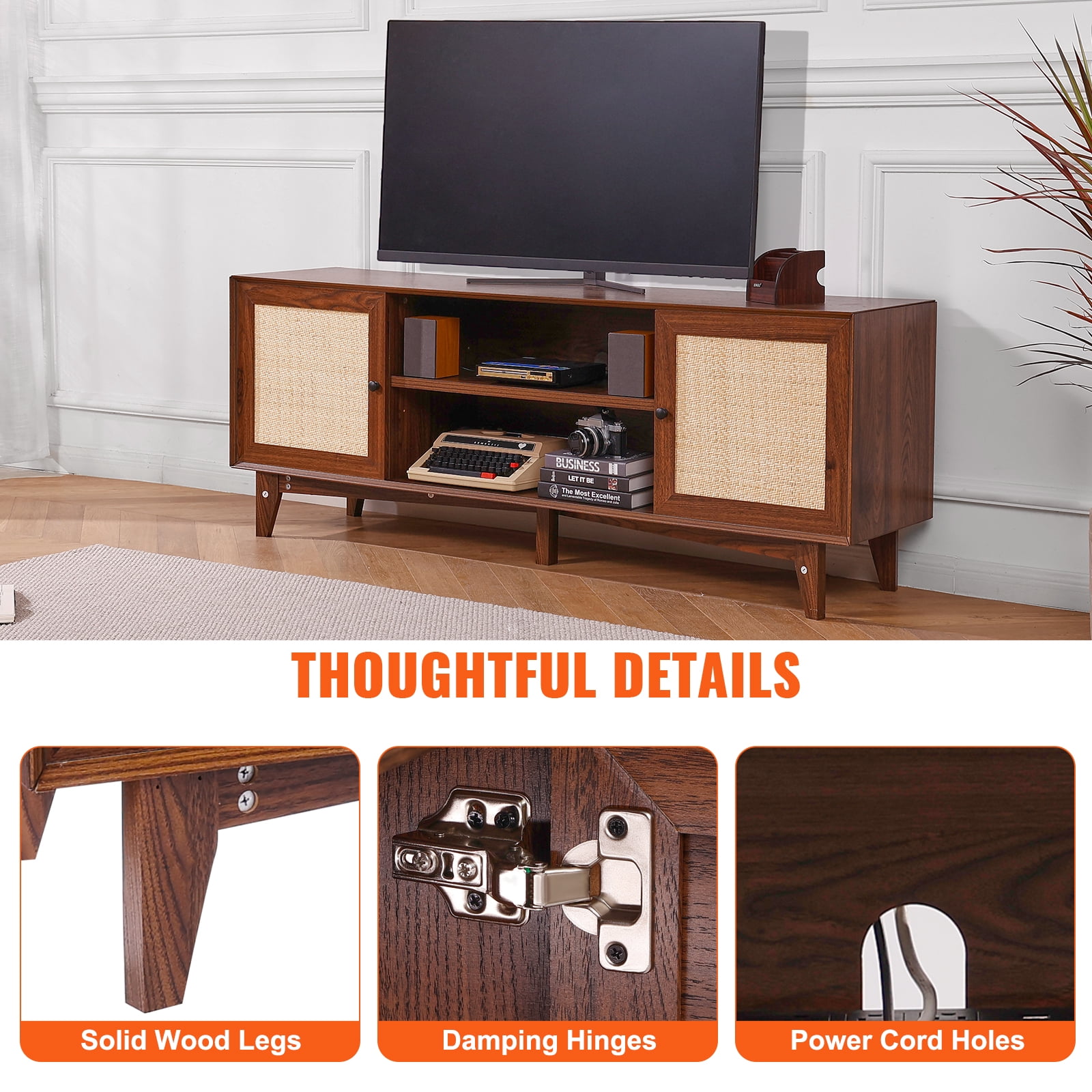 KFFKFF Walnut TV Stand for 75in Television, Bohemian Style TV Console with Rattan Door, Media Center with Integrated Socket, Two-Shelf Storage Cabinet, Contemporary Design for Living Space,Media Area