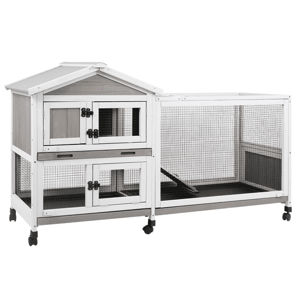 PETSCOSSET Small Animal Hutch, Indoor Outdoor Safe &Durable All-Climate Rabbit Hutch, Fir Wood Cage with Wheels