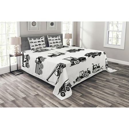 Boy's Bedspread Set, Heavy Machinery and Vehicles of Construction Mining Site Drawn in Black on White, Decorative Quilted Coverlet Set with Pillow Shams Included, Black White, by Ambesonne