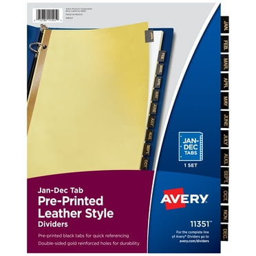 Avery Preprinted Black Leather Tab Dividers, Gold Reinforced Binding Edge, Jan-Dec, 12-Tab Set, 1 Set (11351)