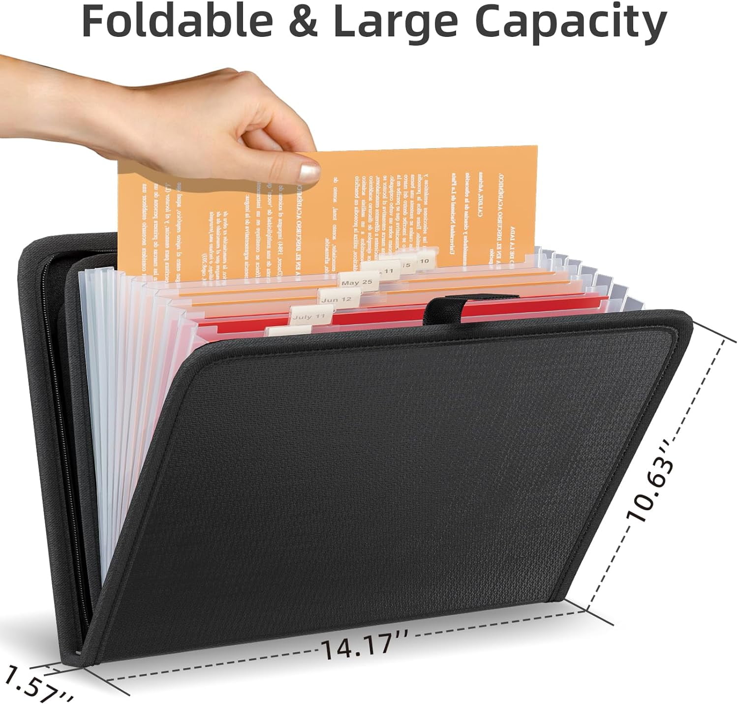 Gijjgole Fireproof Accordion File Organizer, Portable Expanding File Folder with Waterproof Zipper&Labels, Black Document Organizer with 13 Pockets, File Organizer for Important Document/Paper